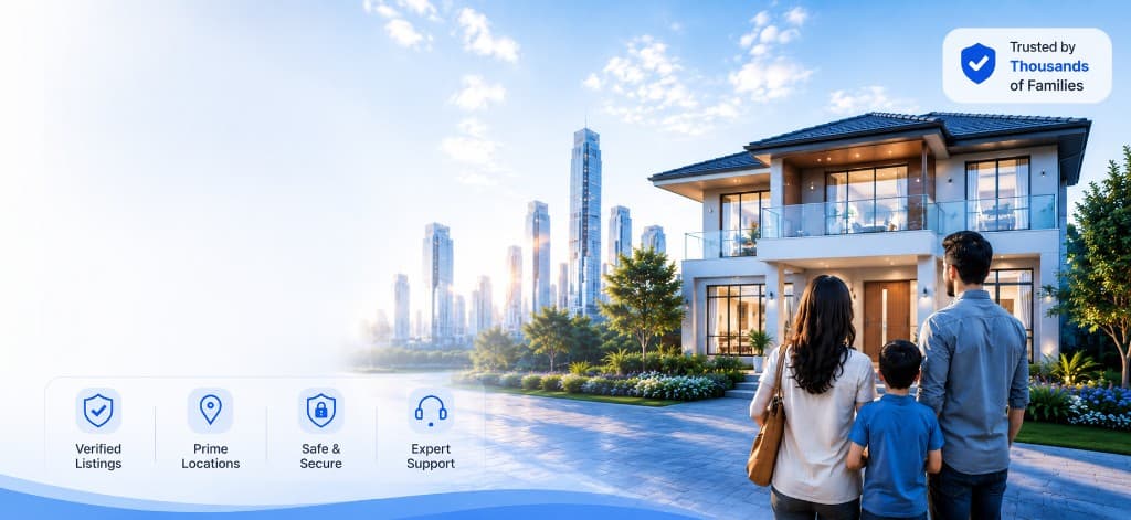 Modern homes and city skyline on LiveBhoomi